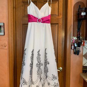 Spaghetti Strap Josh & Jazz Long White Prom Dress with Pink Belt & Black Flowers
